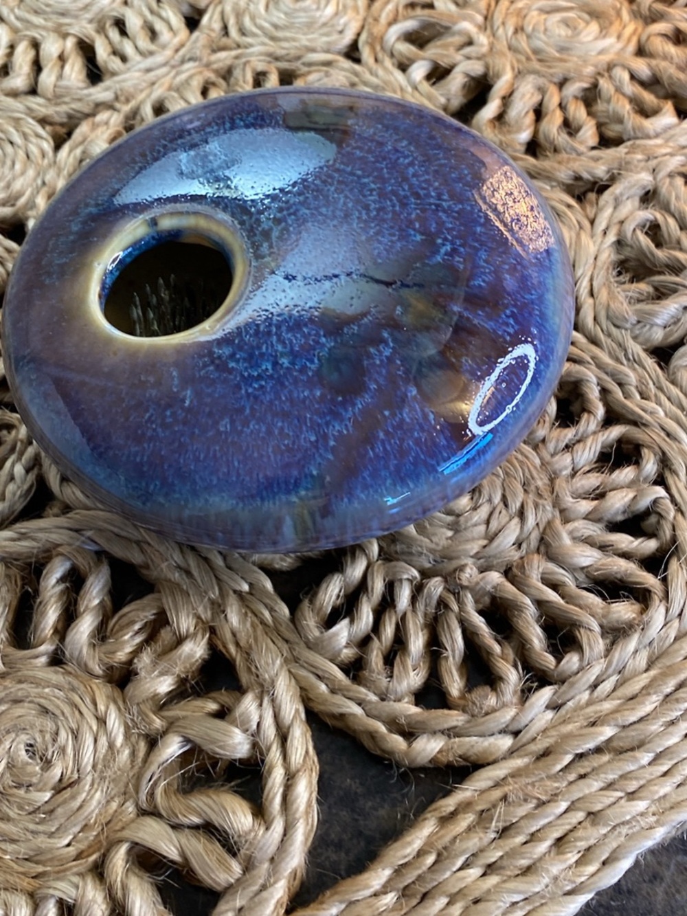 Handmade Blue Pottery Flower Frog Vase - Blue Decorative Home Art